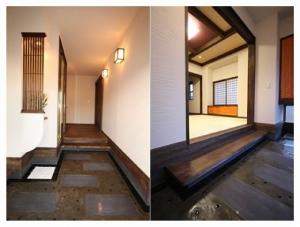 白と黒のコントラストが印象的な、懐かしさあふれる土間玄関。畳室にも出入りできる和みの空間です。