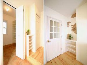 玄関にはたっぷり収納できる土間収納、スペースを有効に活用して可愛らしい飾り棚を造りつけました。