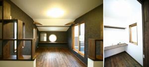 丸窓が印象的な主寝室。寝室の奥にはご主人の書斎。心休まる自分だけのスペースです。