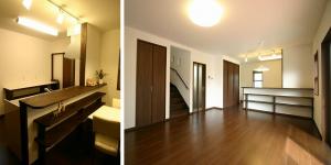 落ち着きあるダークカラーで仕上げた室内。キッチンには造作カウンターを造りつけました。