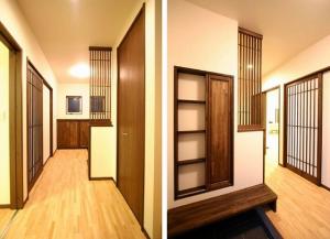 格子がお客様を温かくお出迎えする玄関。壁面に備え付けたベンチは、お出かけの準備や、たくさんの荷物を持って帰宅の際など、どんな場面でも優しくお手伝いしてくれます。