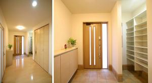 広々とした玄関ホール。玄関脇には土間収納。たっぷり収納できるから、乱雑になりがちな玄関周りがいつもすっきり片付きます。