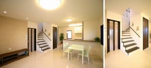 ホワイトの床×ブラウンの建具で統一された室内。清潔感漂う空間に仕上がりました。