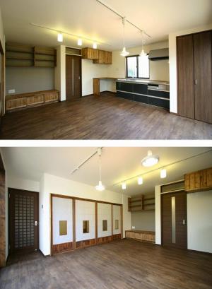 ブラウンの建具と白い壁が織り成すコントラスト。古き良き住まいの趣きを表現した深い落ち着きを生む、心地よい空間です。床材にはサラサラの肌触りが気持ちいいラバーウッド無垢床を使用しました。