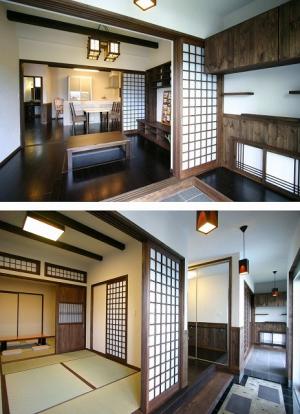 古き良き日本を感じさせる土間玄関。自然と家族が集まる、堀り炬燵のあるリビング。