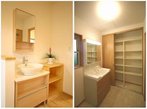 １、２Ｆ共に洗面台を設けました。　棚を造り付けることで、収納力も使いやすさもアップ。