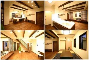 リズミカルに梁を現したＬＤＫ、掘りごたつのある畳コーナー、存在感たっぷりのストリップ階段。稚内層珪藻土の手塗り壁とオーク無垢床。温もり溢れる自然素材空間です。