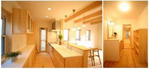 白いタイル貼りで清潔感のある手づくりキッチン。キッチン〜洗面室〜お風呂場まで見通せる、家事がはかどる一直線の動線です。