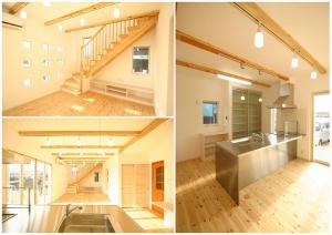 肌触りの良さが特徴のパイン無垢床。内部・外部の壁は共に天然成分100%の漆喰を使用。シンプル＆シャープの対面式ステンレスキッチンが際立つ、広々としたＬＤＫです。