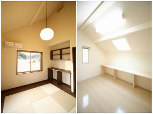 勾配天井で開放感溢れる和室。
お雛様や兜など、季節の飾り物がディスプレイできる造作カウンター付き。
小屋裏を利用したトップライト付き書斎は、ご主人だけの贅沢な場所。