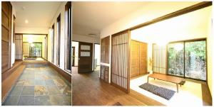 式台を取り付けた広い玄関。
履物の脱ぎ履きや、お年寄りの上がり下りの際には安全で便利です。
縦格子の建具で趣きある、おもてなしの和室。