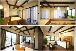 南面に大きく設けた開口部から沢山の日差しが入り込む、とても明るいLDK。ウッドデッキとの一体感もでき、広々感じます。
床・建具・梁共にﾀﾞｰｸ色で仕上げた、和モダンテイスト。
(床:ﾗﾊﾞｰｳｯﾄﾞ無垢材、壁：天然素材の塗り壁)