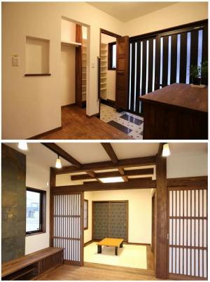 ——おもてなし

ﾀｲﾙと那智石を散りばめ、
白と黒のｺﾝﾄﾗｽﾄが印象的な広い
土間玄関でお客様を優しくお出迎え。
さらに、意匠を凝らした
梁現し仕上げの天井が、
まるで和風旅館のような和室で
訪れた方をおもてなし。