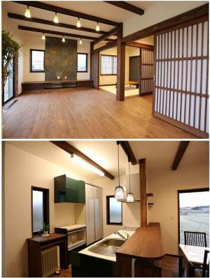 ——LDK

床材は足触りの良い無垢材(ﾗﾊﾞｰｳｯﾄﾞ)。
TV後ろには錆石を貼り、
優美で味わい深い
和のﾘﾋﾞﾝｸﾞ空間を演出。
天然塗り壁材は調湿･消臭効果に優れ、
さらにｸﾗｯｸに強く耐水性も高いため
軽い水拭きが可能。
また、家事のしやすい間取りと
便利機能がﾌﾙ装備のｷｯﾁﾝで
奥様をｻﾎﾟｰﾄ。