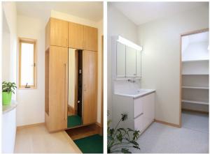 収納力たっぷりの
シューズクローゼットは、
玄関で上着の着脱が出来るよう、
ハンガーパイプ付きに。
鏡を見てお出かけ前の
“身だしなみチェック”もバッチリ。

階段下のスペースを無駄なく利用し、
洗面室に大容量の収納を実現。