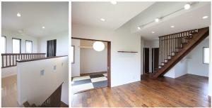 床材は年月を経たような
味わい深さのある
アンティークチェスナット。
２階へと続く階段は、
存在感たっぷりの
木製ストリップ階段。
家族の気配がいつでも感じられる
吹抜けは、明るく開放的。