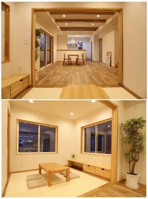 １Fは、落ち着きのある木目が美しいオーク無垢フロアー。
夏の湿度によるベタベタ感や冬のひんやり感とは無縁です。
リビングと繋がる畳スペースには、足を入れて寛げるカウンターを造り付けました。