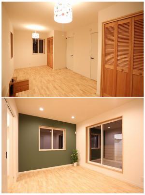 ２Fは、ラバーウッド無垢フロアー。
きめの細かい木目で、すべすべとした肌触りがとても　気持ち良く、足元から伝わる温もりもたまりません。