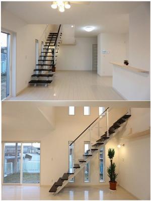 開放的で明るい空間を演出するオープンリビング階段は、リビングの主役。
モダンでシンプル、かつ個性溢れる　空間が完成。
体に優しい自然素材の塗り壁仕上げ。