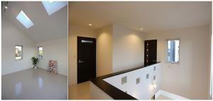 勾配天井の主寝室。
トップライトから差し込む光とスポットライトの照明でオトナ度アップ。
ガラスブロックを使い、アクセントをつけました。