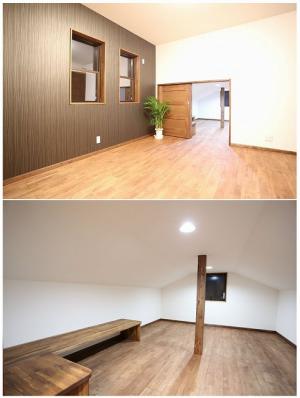 壁一面のクロスを貼り分け、アクセントを付けた主寝室。
ＷＩＣの他にも容量たっぷりな小屋裏部屋もあり、秘密部屋に収納にと使い道たくさん。