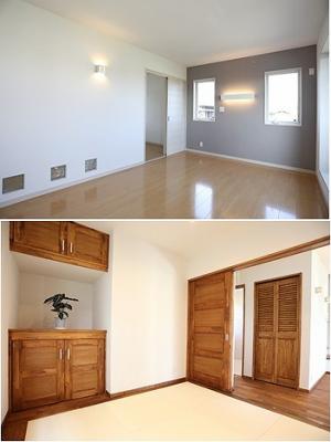 クロスのアクセント貼りにブラケット
照明、ガラスブロックで
インパクトのある寝室。
畳式の洋室も、寛ぎの場所。