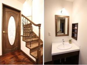 重厚感溢れるステンドグラス入りの
リビングドアと、階段を個性的に演出するアイアン手摺で雰囲気たっぷり。
白いタイル貼りで、清潔感の中にも
こだわりの溢れる造作洗面台。