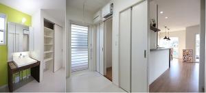 キッチンに隣接する家事室兼用の洗面室は、２方向から出入りが出来る、家事動線を重視した間取りがポイント。