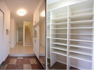 玄関には収納力たっぷりの土間収納。
乱雑になりがちな玄関をすっきり整頓。
手すりも付いて、お年寄りにも安心。