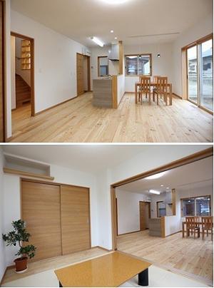 １Ｆは『ボルドーパイン無垢フロアー』。
足の裏で心地良さを感じられる
無垢フロアーです。
リビング続きの和室は、キッチンから目が届きお子様のお昼寝スペースに最適。
また、客間としても大活躍。