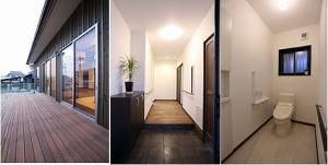 南面に大きくはり出したウッドデッキは、日向ぼっこにお洗濯干しに大活躍。
玄関ホール･トイレはゆとりのスペース。手すりや格納イスを設置し、安心安全の設計。