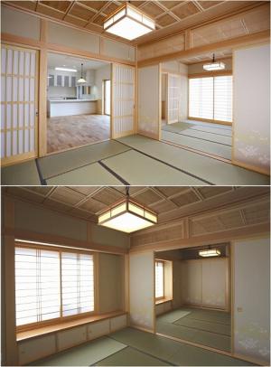 真壁に地袋、意匠をこらした神棚のある純和室。
２間続きの和室なので、大勢の来客時にも大広間として使えます。