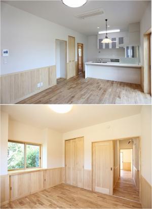 オークの床、無垢の建具が、自然と心和む空間を作り出します。
対面式のフルフラットキッチンは、スタイリッシュで開放感抜群、奥様たちの
憧れです。