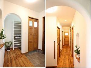 曲線のやわらかい雰囲気が家族を、お客様をお迎えする、ほっとする玄関。